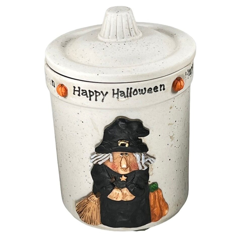 Halloween Witch Ceramic Lidded Jar Candy Trinket Dish 3D Pumpkins Pottery - Picture 1 of 12